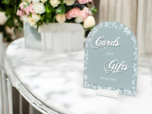 Cards and Gifts Thank You Blue Toile Floral Chinoiserie Bridal Shower or Wedding Reception Arch Sign, Luxury Elegant French Blue