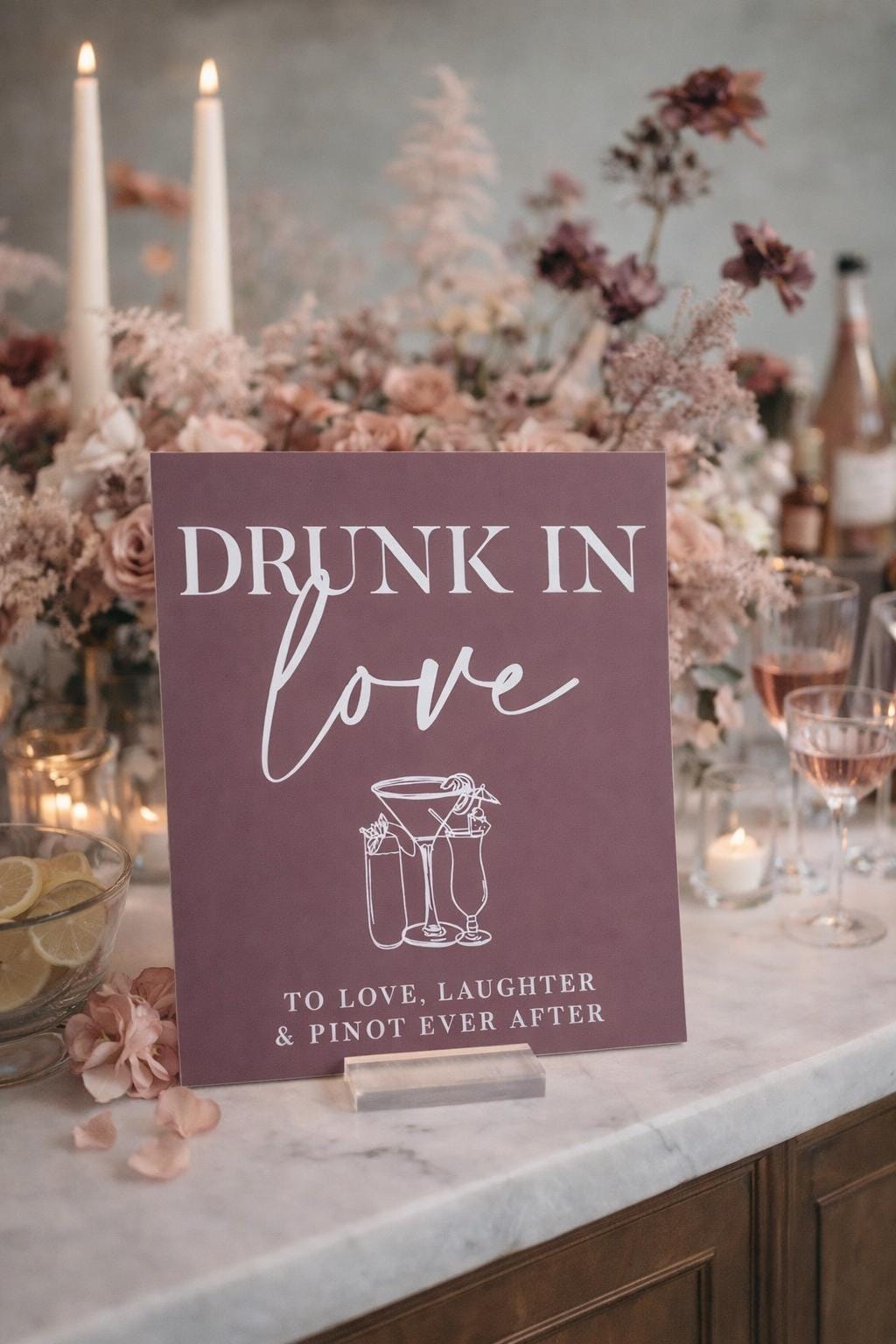 Acrylic Wedding Sign With Drunk In Love Signature Cocktail Bar Menu Display