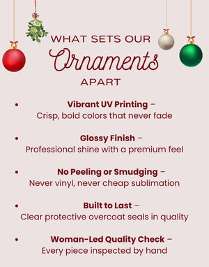 The image is a list of features that set a woman-led quality check apart from other ornament designs.