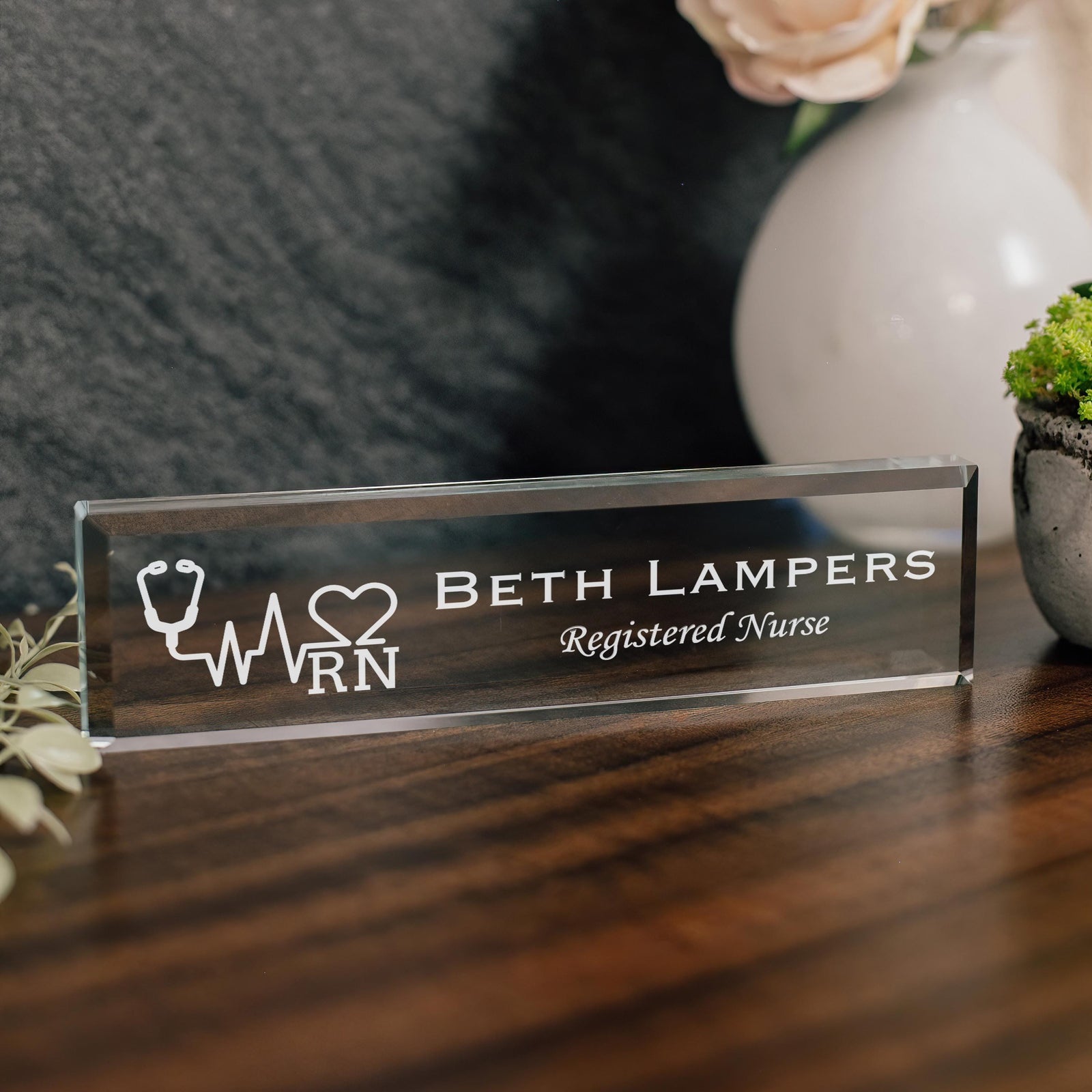 LPN, RN, Nurse Glass Office Desk Name Plate