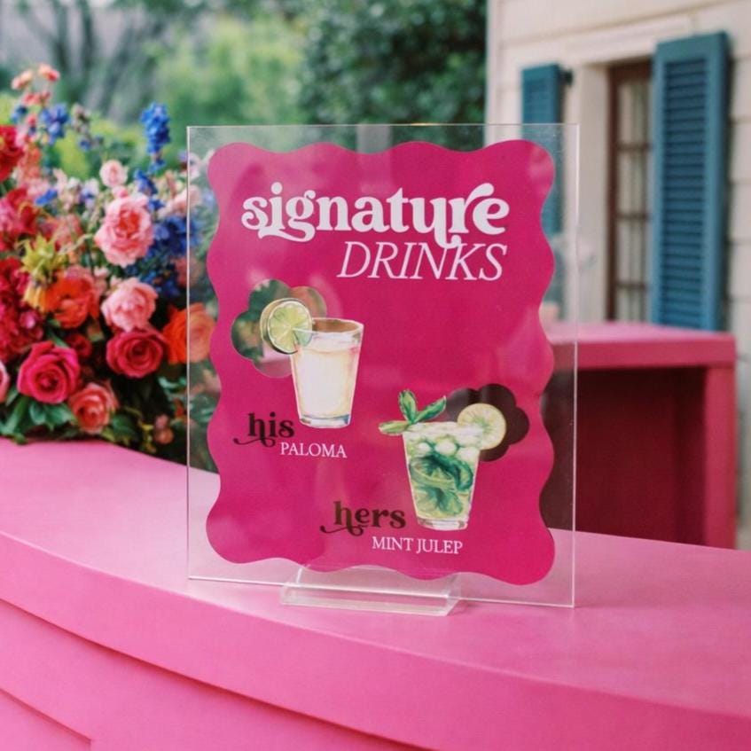 Acrylic Wedding Sign - Retro Wavy Bar Menu Signature Cocktail Display