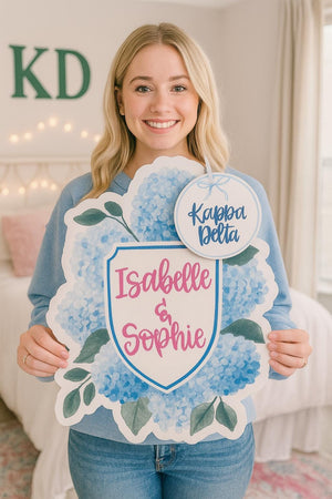 Hydrangea Coquette Bow Door Hanger – Blue & Pink Floral Dorm Decor, 20” UV Printed Sign with Ribbon, College Room or Porch Accent