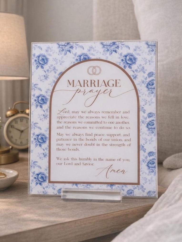 Marriage Prayer Sign - Blue Floral Acrylic Wedding Gift Plaque With Stand