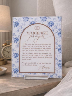 Marriage Prayer Sign - Blue Floral Acrylic Wedding Gift Plaque With Stand