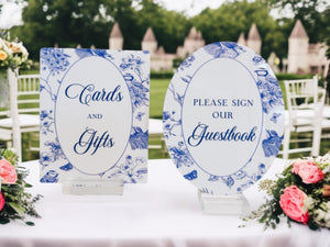 Toile Sign SET Bundle Wedding Chinoiserie Acrylic Signs Blue Floral Elegant French Event Signage, Guestbook, Cards and Gifts, Loving Memory
