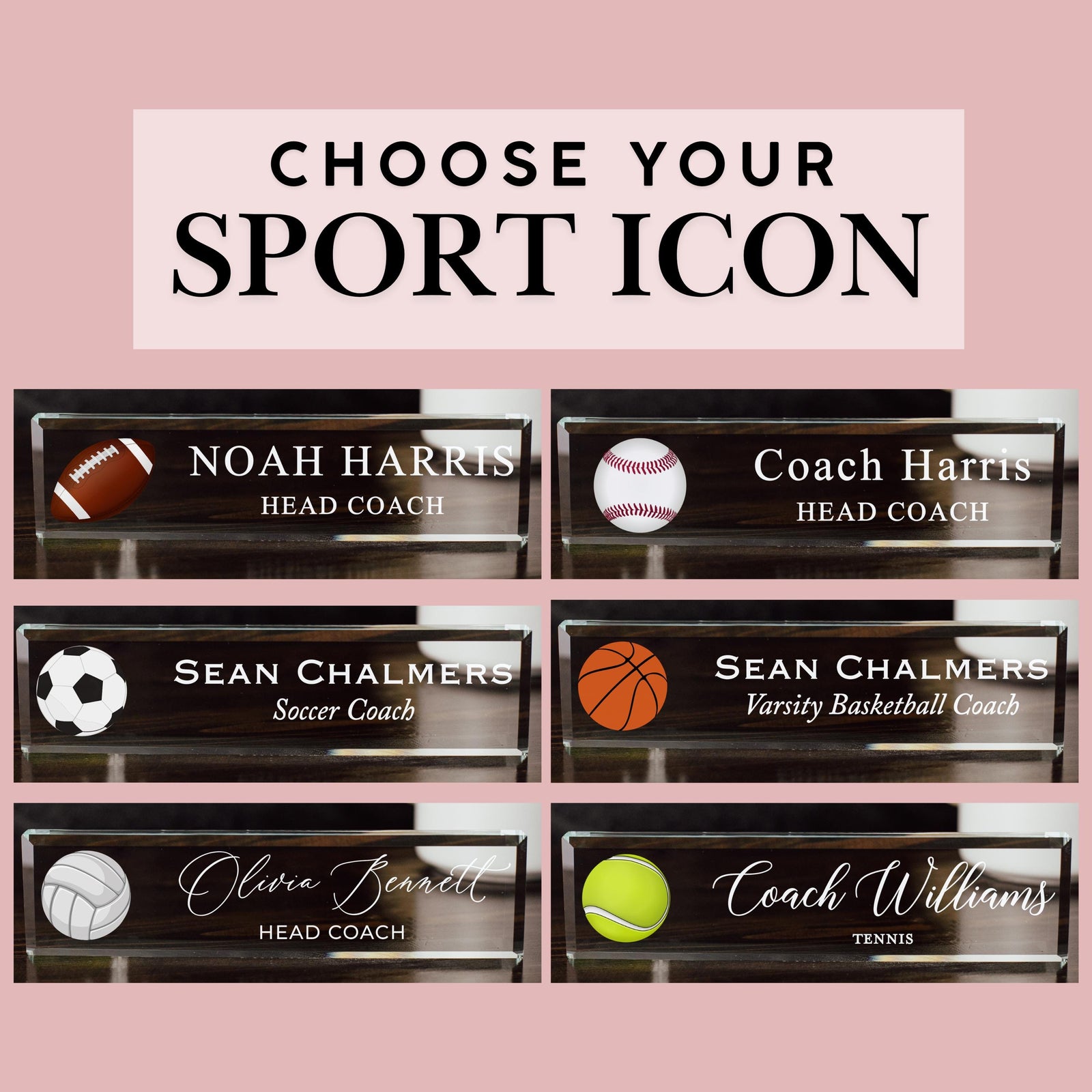 Sports Coach Glass Office Desk Name Plate, Varsity, Head Coach Assistant, Coaching Staff, Athletic Banquet Awards, Gift For Travel Ball Team GNP-COA