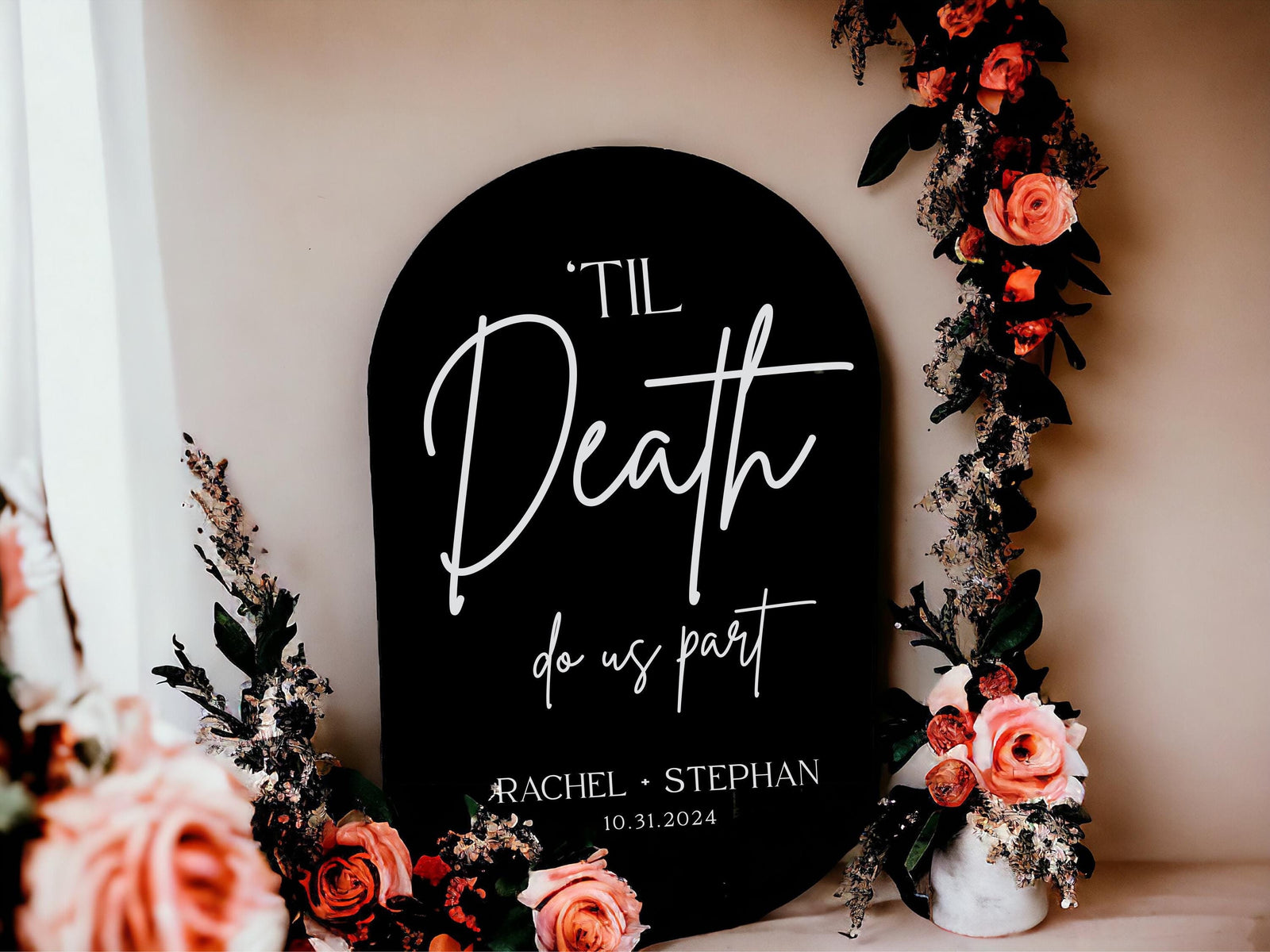 Til Death Do Us Part Wedding Gothic Moody Acrylic Sign, Personalized Names Halloween Themed Gothic Black Wedding Centerpiece Decor