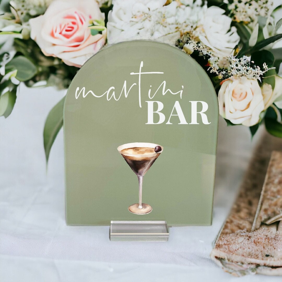 ARCH Custom Color MARTINI bar personalize with drink icon for open wedding bar, cocktail hour sign for party, bridal event Lucite Signage
