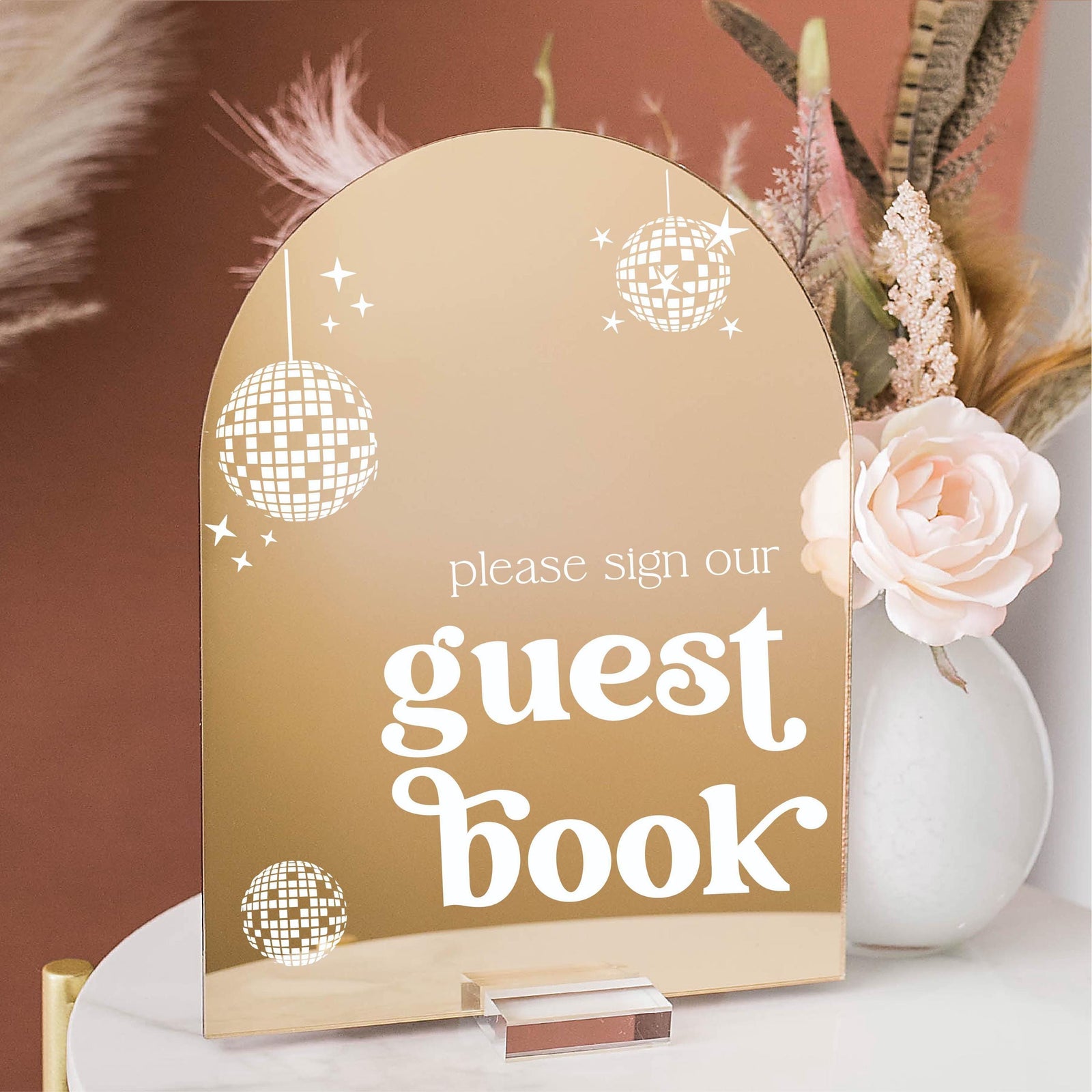 Gold Guestbook Sign Acrylic Wedding Arch Mirror Retro Disco Ball Decor