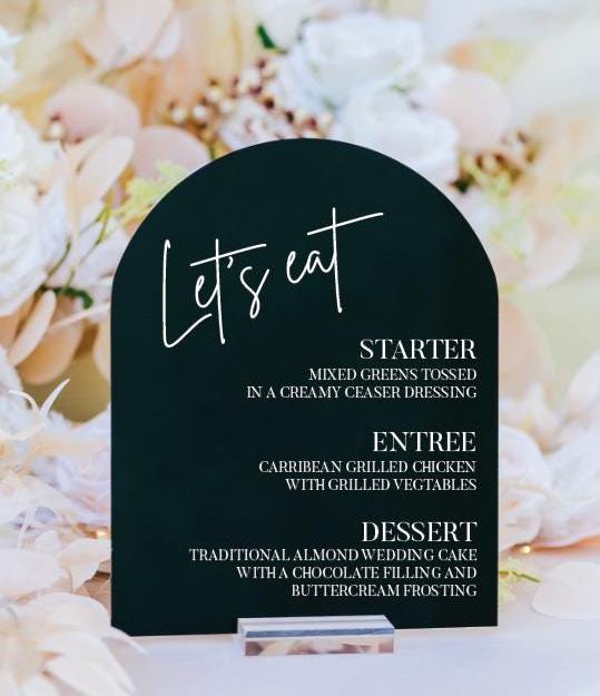 Wedding Food Menu Acrylic Signs, Dessert Table Titles, Entree Description, Menu Food Label, Entree Main Course Dessert Starter Menu
