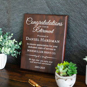 Personalized Retirement Plaque Award For Years Of Service