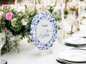 OVAL French Toile Chinoiserie Acrylic Table Number | Blue & White Wedding Sign | Elegant Reception Decor | Vintage-Inspired Event Display