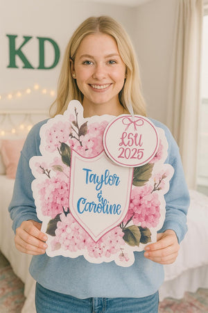 Hydrangea Coquette Bow Door Hanger – Blue & Pink Floral Dorm Decor, 20” UV Printed Sign with Ribbon, College Room or Porch Accent