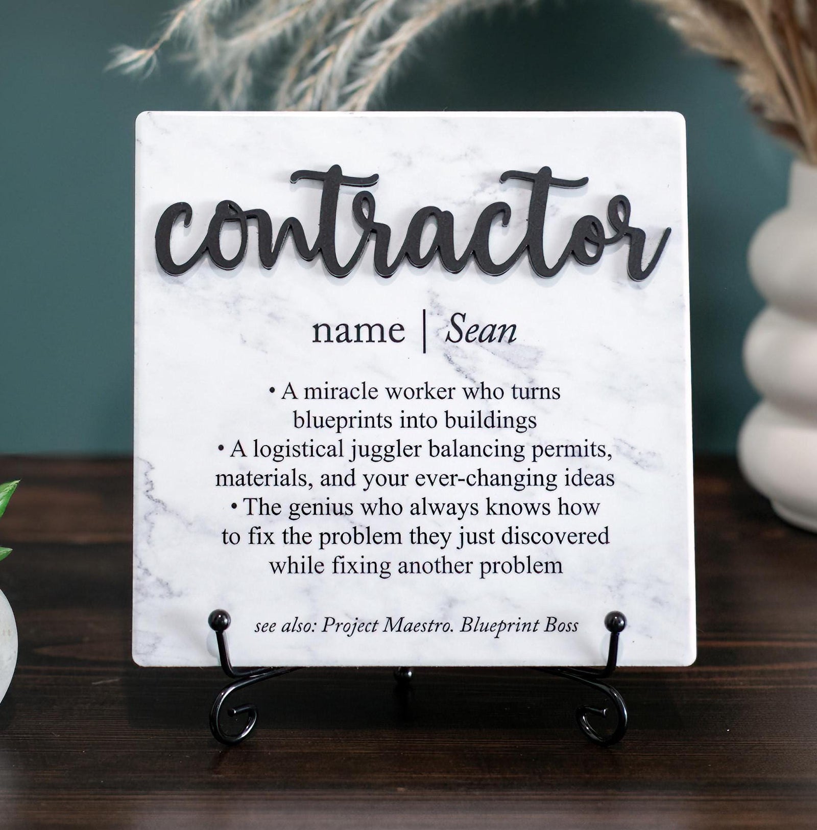 TP-3DGCON 3D General Contractor Ceramic Tile Plaque Gift, Personalized Thank You Present For Boss; Work Anniversary; Office Decor; Retirement 2024