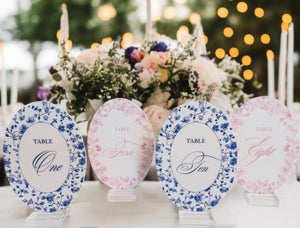 OVAL French Toile Chinoiserie Acrylic Table Number | Blue & White Wedding Sign | Elegant Reception Decor | Vintage-Inspired Event Display
