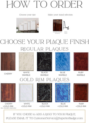 The image is a promotional poster for a company that sells plaque finishes. It features a variety of different plaque finishes, including cherry, white, black, blue, and gold rim plaques, arranged in a grid layout. The poster provides information on how to order these plaques, including the option to choose your size and make your stand selection. It also mentions that the plaques can be made of marble, gold, or other materials.