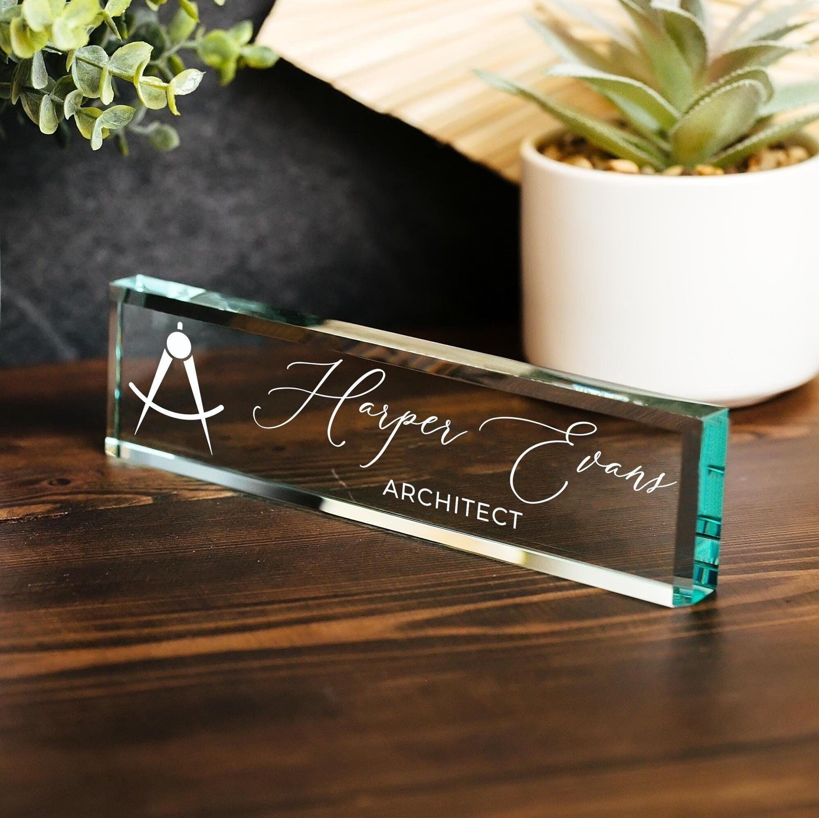 Architect Glass Office Desk Name Plate, Clear New Interior Designer, Architecture Firm, Design Specialist, Sleek and Stylish Office Decor, GNP-ARCH
