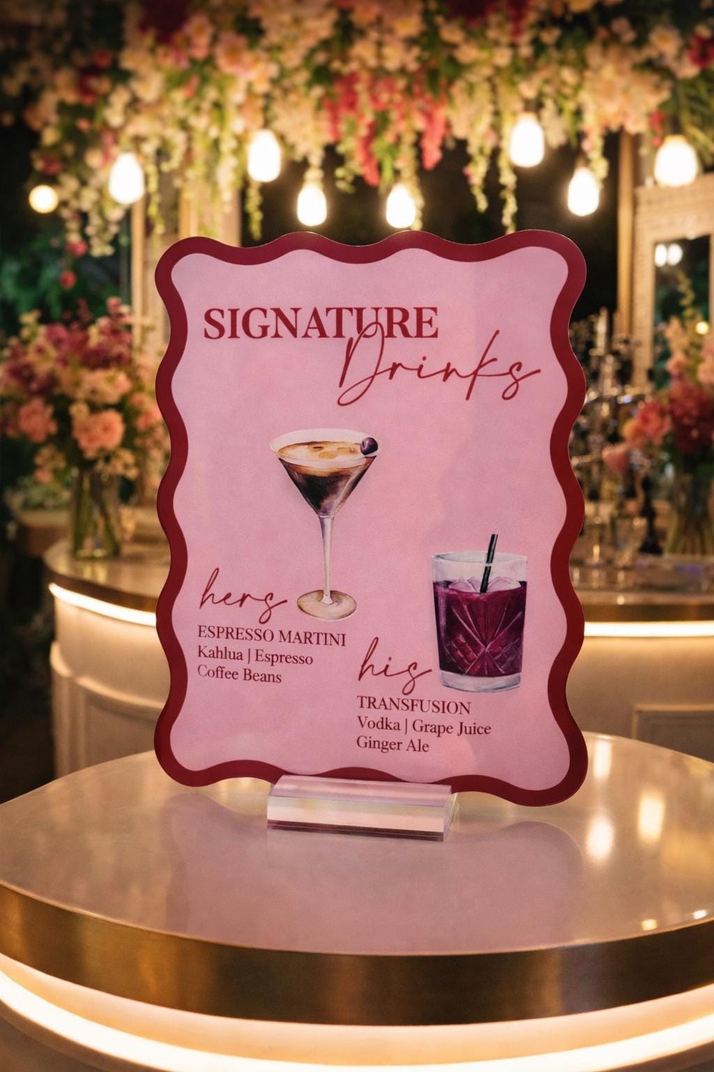 Acrylic Wedding Sign – Retro Wavy Bar Menu Signature Cocktail Display