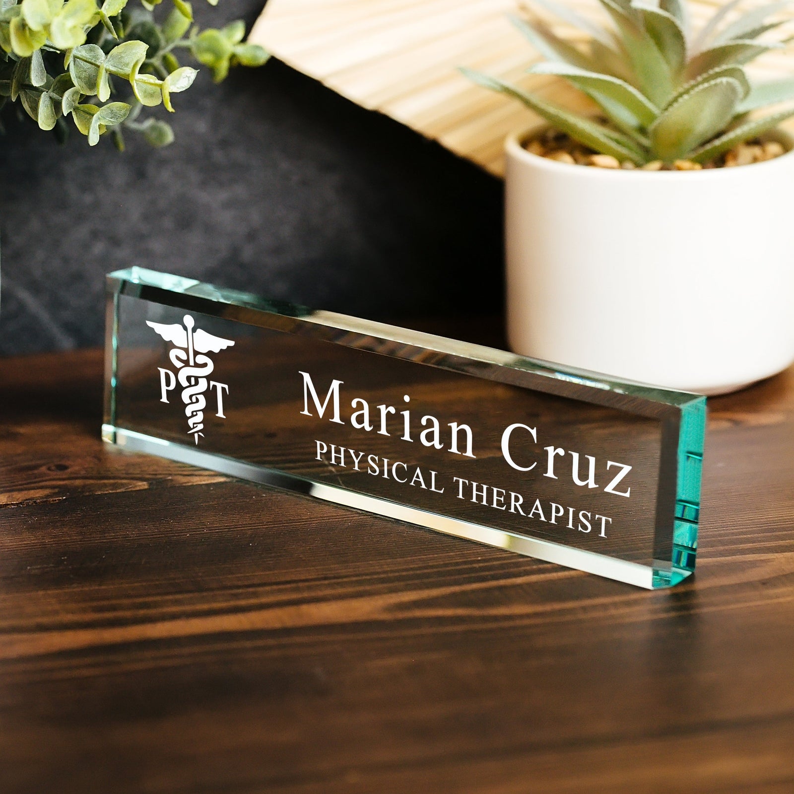 Physical Therapist Glass Name Plate With Optional Icon GNP-PTN