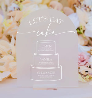 Let&#39;s Eat Cake Wedding Cake Tier Flavors Sign, Arch Cake Tiered Table Menu With Descriptions Of Each Layer Acrylic Sign With Stand