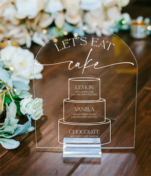 Let&#39;s Eat Cake Wedding Cake Tier Flavors Sign, Arch Cake Tiered Table Menu With Descriptions Of Each Layer Acrylic Sign With Stand