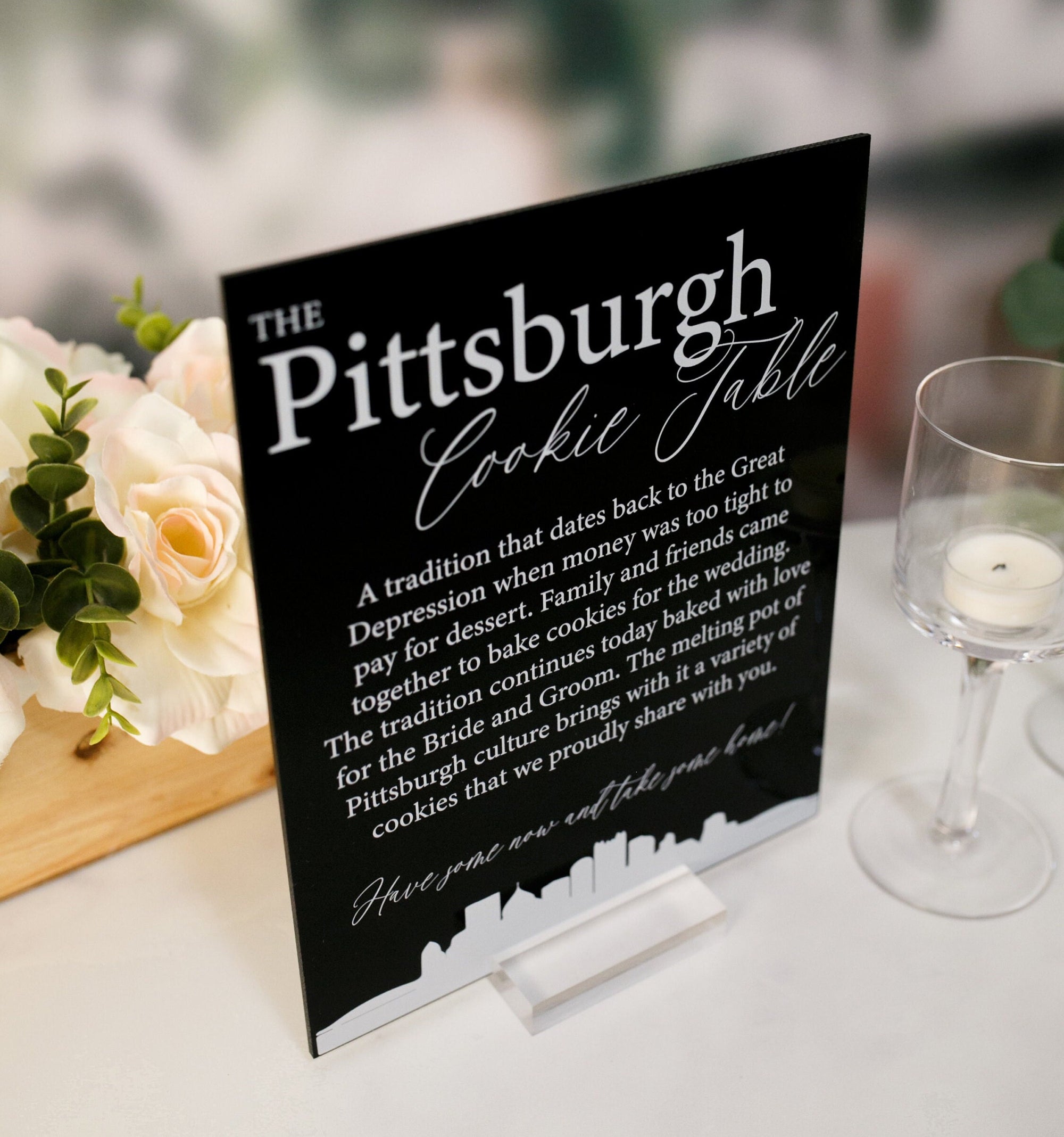 Pittsburgh Cookie Table Tradition Favors Clear Glass Look Acrylic Wedding Sign All of Yinz Skyline Lucite Perspex Cookies Table Sign