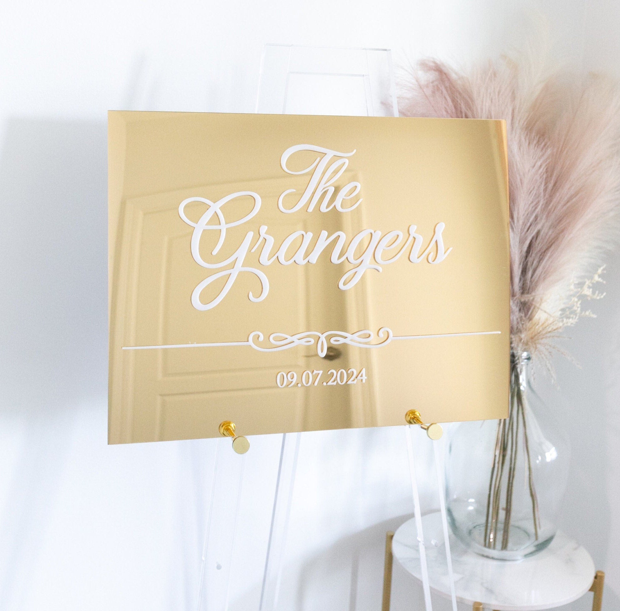 Gold Silver or Rose Gold 3D Mirror Welcome To The Wedding Of Acrylic Sign, Personalized Modern Names And Date Minimalist Event Signage