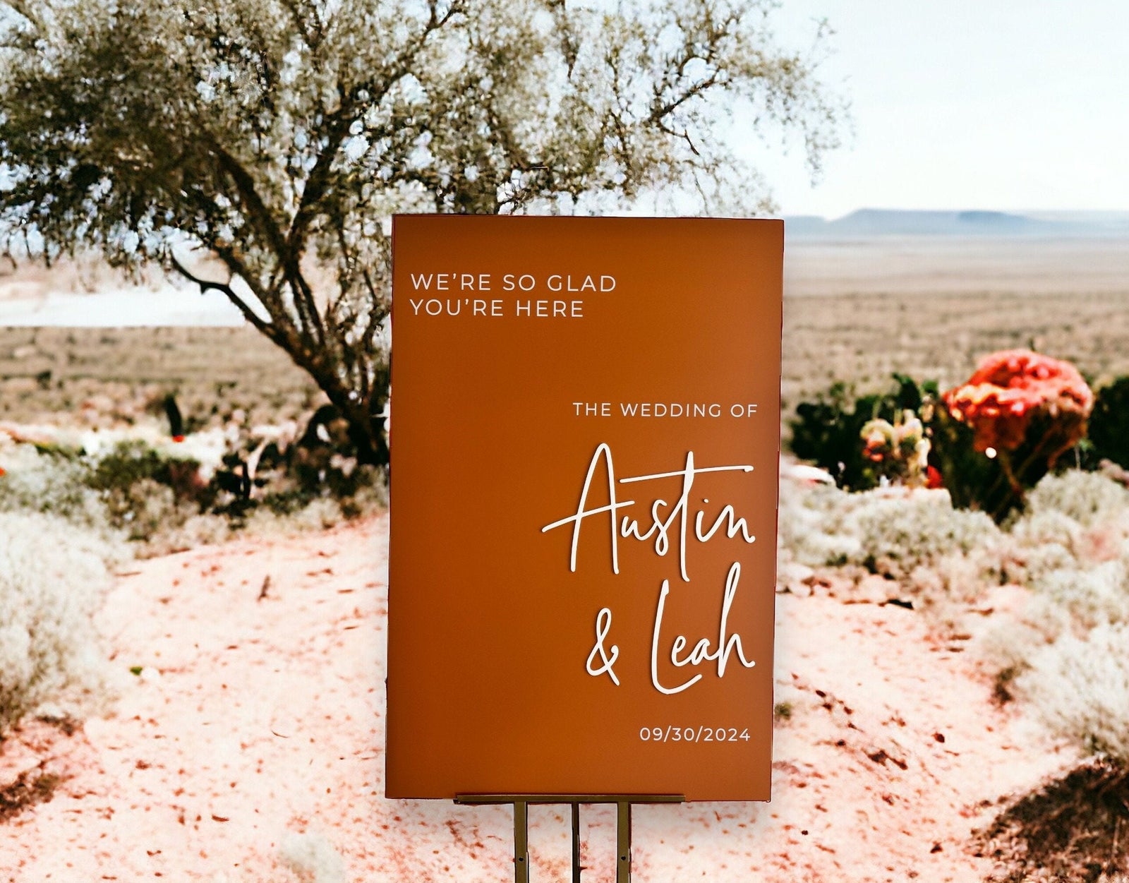 Neutral Terracotta Fall Wedding Acrylic Welcome Sign With Names + Date, 18x24 Personalized Modern Minimalist Boho Rustic Vibe