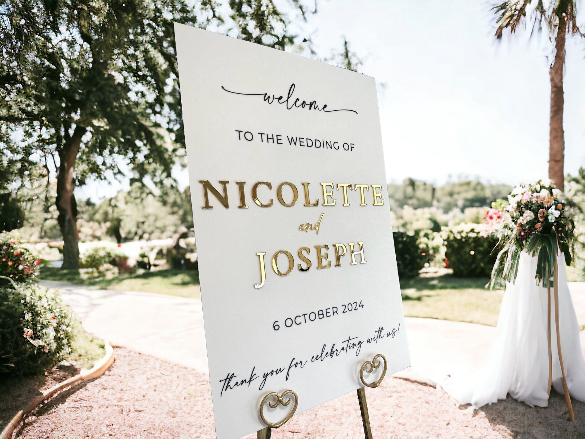 3D Gold Mirror Welcome To The Wedding Of White or Black Acrylic Entrance Sign, Personalized Modern Names And Date Minimalist Event Signage