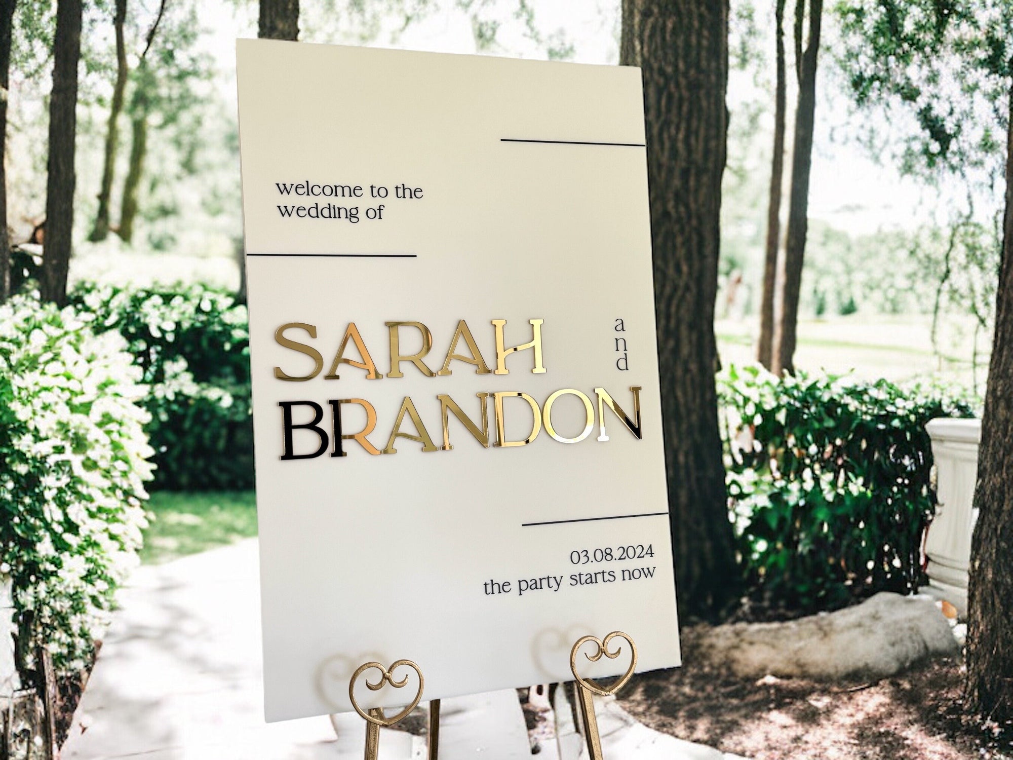3D Wedding Acrylic Welcome Sign With Names + Date, 18x24 Personalized Modern Minimalist Laser Frosted Gold Signage