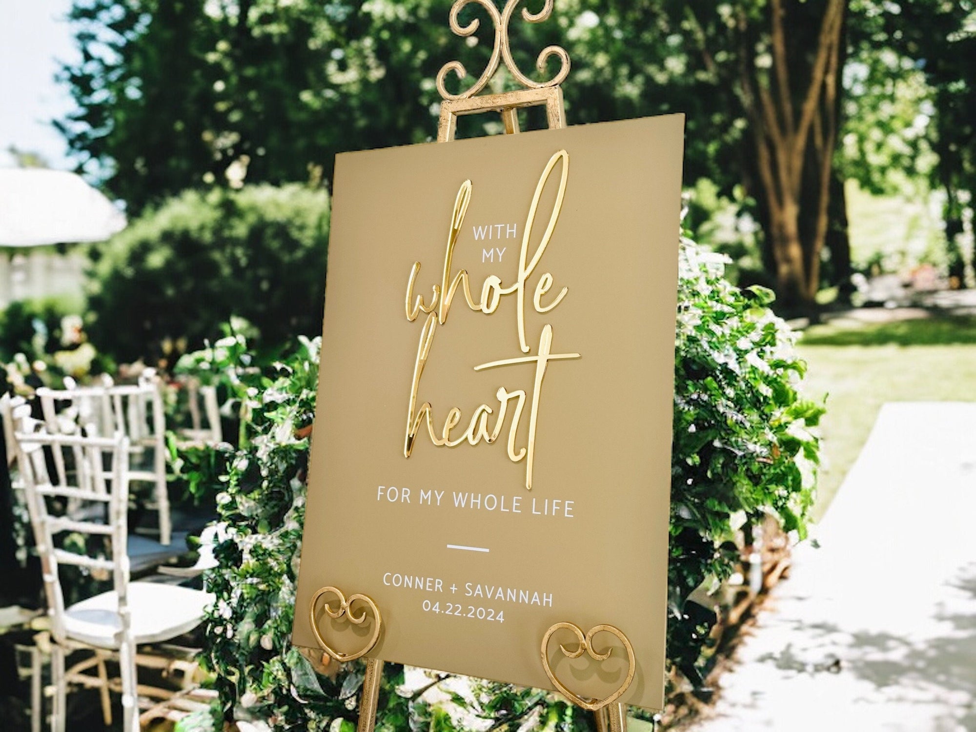 3D Mirror Gold With My Whole Heart For My Whole Life Natural Wedding Acrylic Welcome Sign With Names, Personalized Modern Frosted Signage