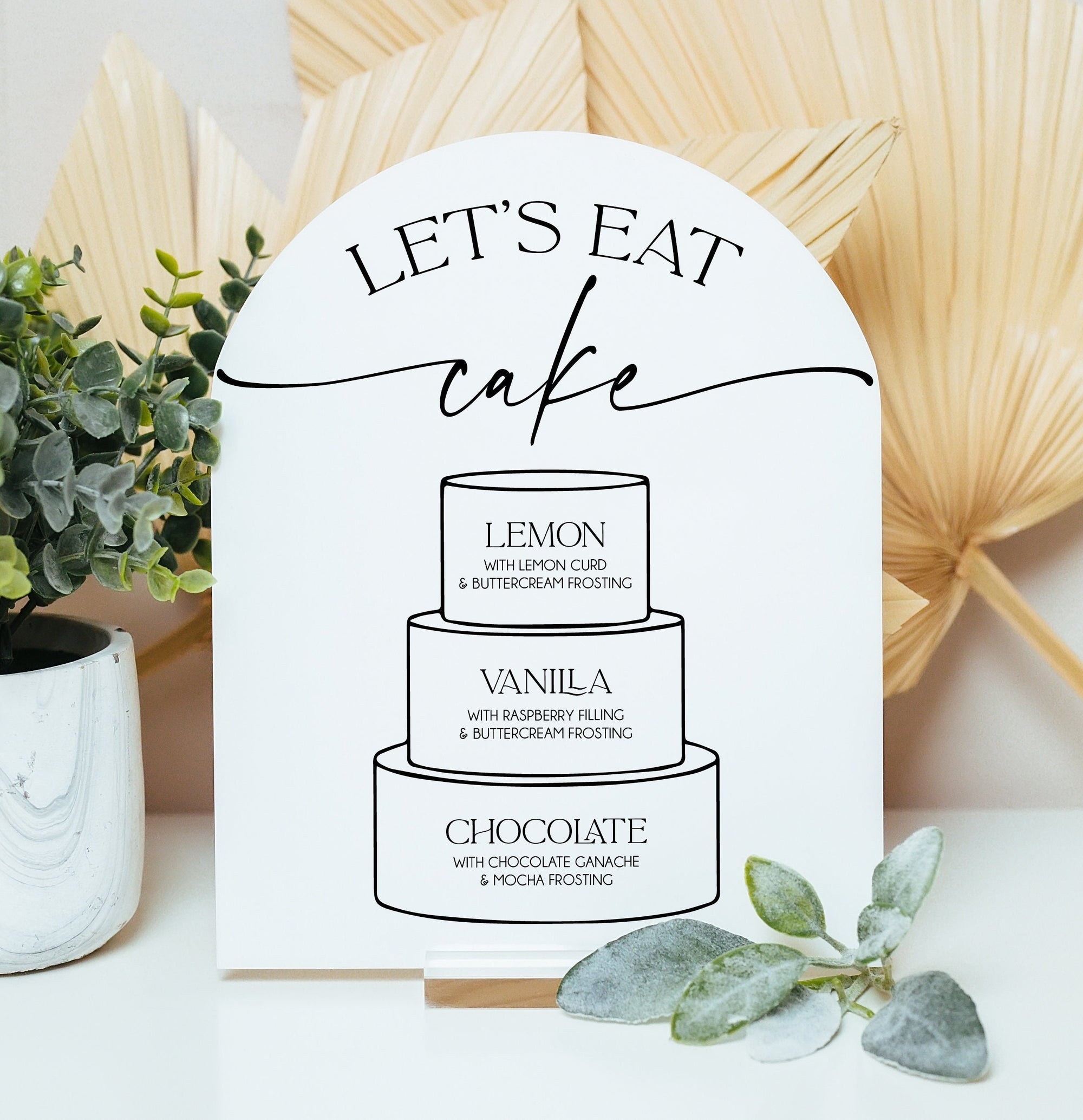 Let&#39;s Eat Cake Wedding Cake Tier Flavors Sign, Arch Cake Tiered Table Menu With Descriptions Of Each Layer Acrylic Sign With Stand