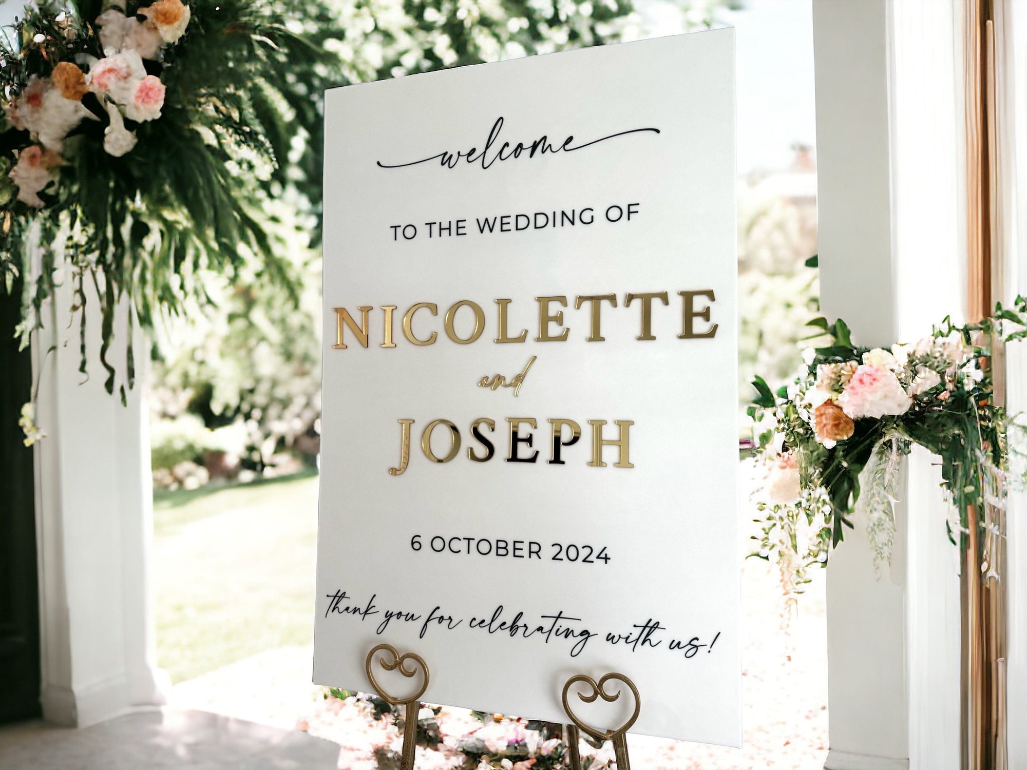 3D Gold Mirror Welcome To The Wedding Of White or Black Acrylic Entrance Sign, Personalized Modern Names And Date Minimalist Event Signage