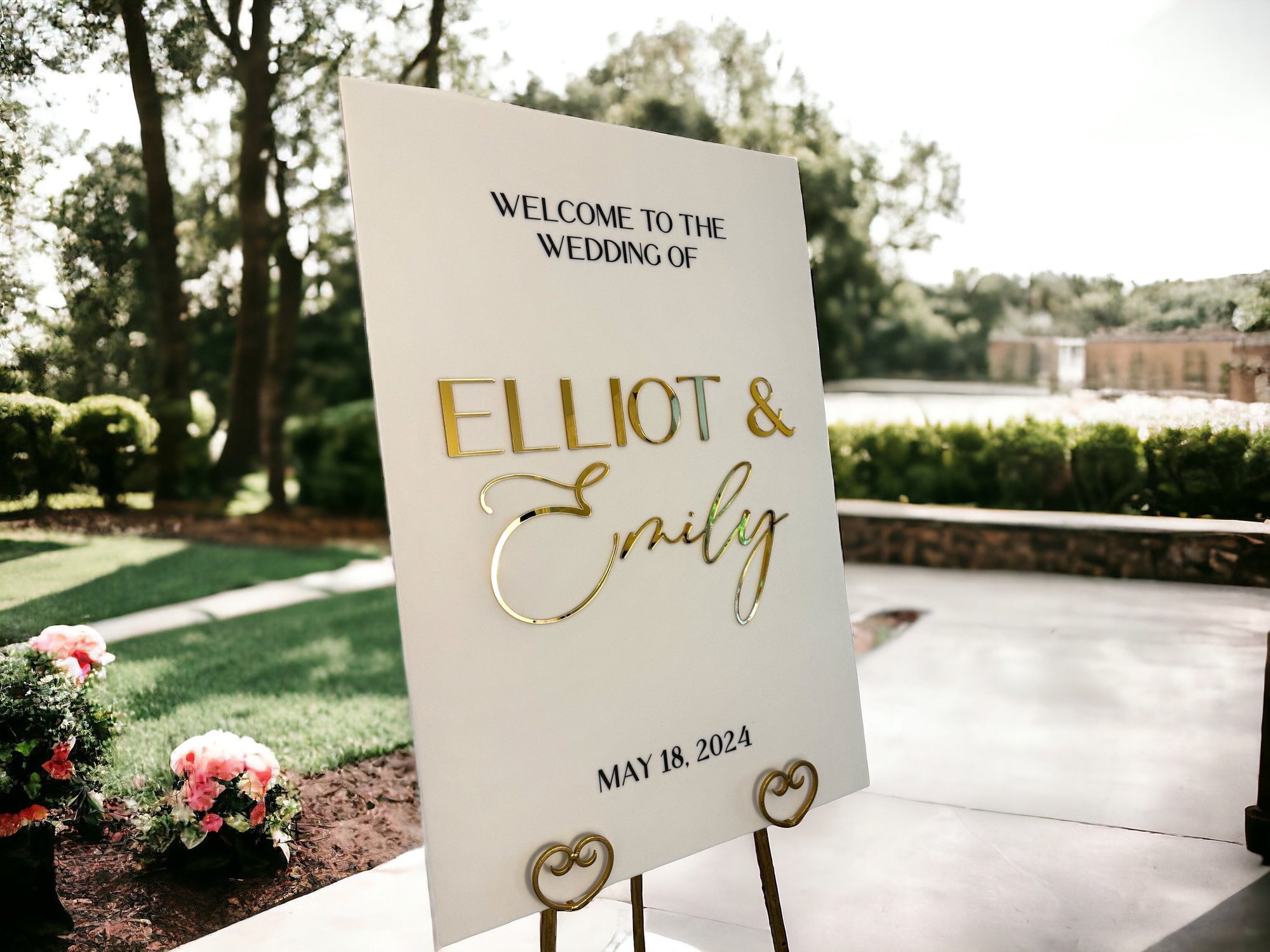 3D Gold Mirror Welcome To The Wedding Of Black Acrylic Sign, 18x24 Personalized Modern Names And Date Minimalist Event Signage