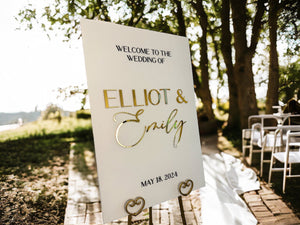 3D Gold Mirror Welcome To The Wedding Of White and Gold Acrylic Sign, Classy Personalized Modern Names And Date Minimalist Event Signage