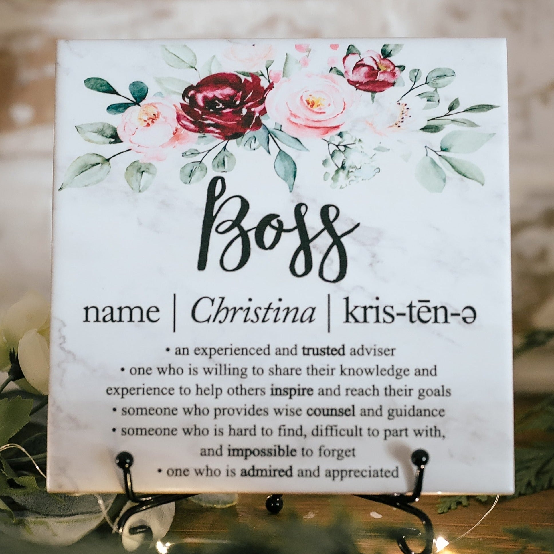 Boss Floral Definition Thank You Appreciation Tile Sign Plaque With Stand