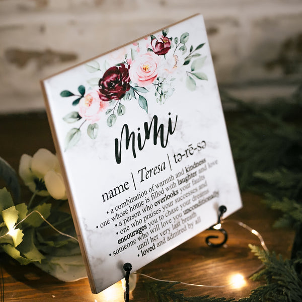 Mimi Definition Quote Art Sign Plaque With Stand - Pink Posies and Pearls