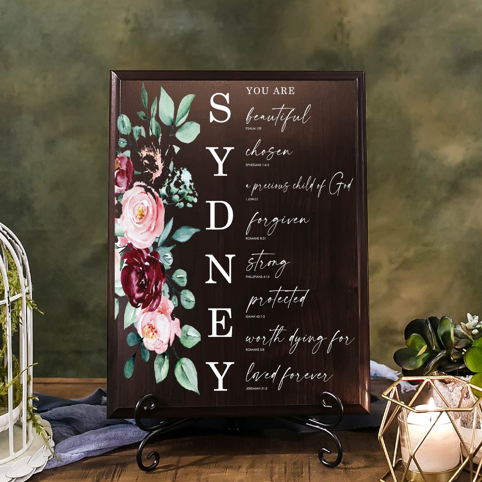 You Are Beautiful, Chosen, Loved Bible Verse Scripture Christian Gift Walnut Plaque