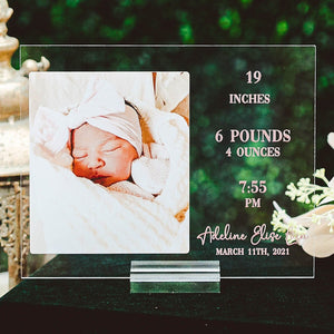 Personalized Newborn Baby Birth Stats Photo Acrylic Announcement Gift, Nursery Decor, Custom Newborn Birth Chart Present On Clear Acrylic