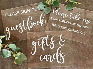 Sign Bundle of Guestbook, Gifts and Cards, and Please Take One Favors Clear Glass Look Acrylic Wedding Table Signs, 8x10 Perspex Lucite MB