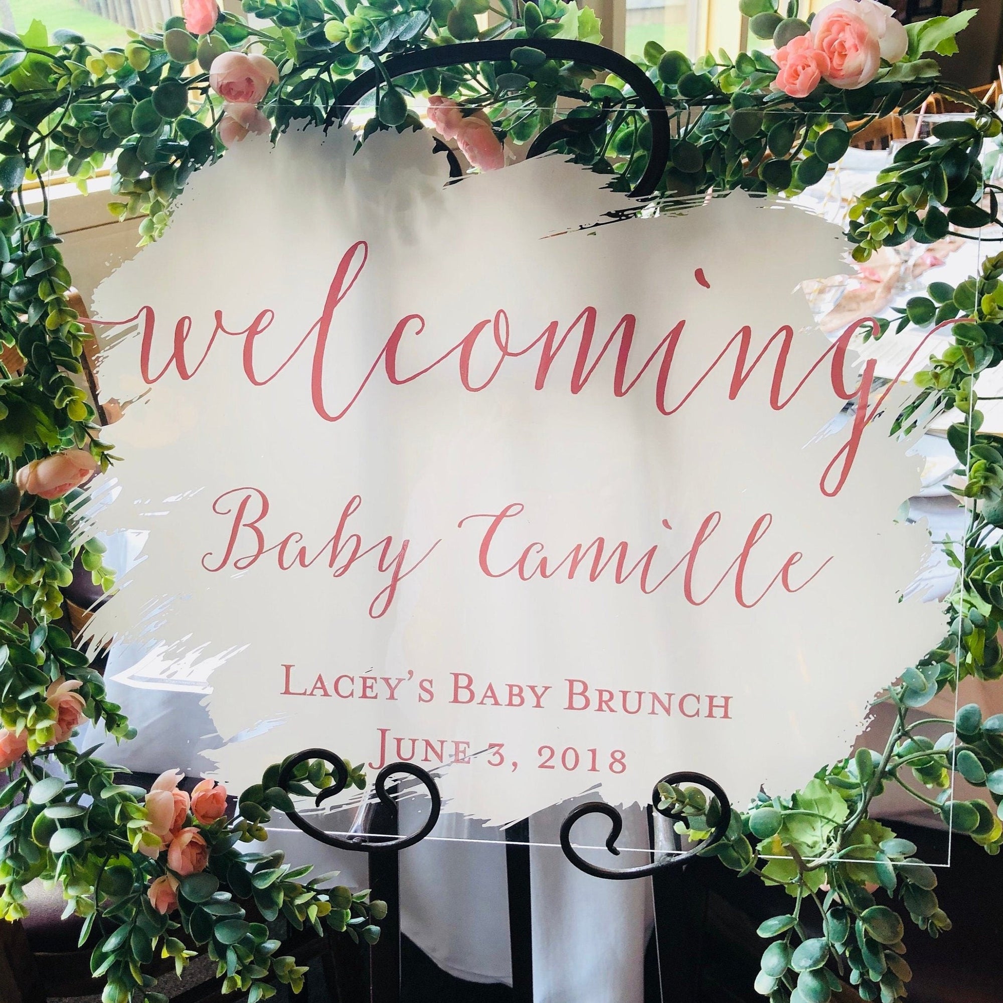 Baby or Bridal Shower Welcome Sign, 18x24 Personalized Clear Glass Look Acrylic Baby Brunch or Tea Sign Decoration for Display, Custom