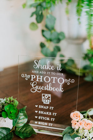 Shake It And Add It To Our Photo Guestbook Clear Glass Look Acrylic Wedding Sign, 8x10 Photo Booth Station Guest Book Lucite Table Sign