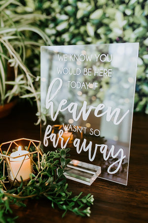 We Know You Would Be Here Today If Heaven Wasn't So Far Away Memorial Clear Glass Look Acrylic Wedding Sign, Those Forever In Hearts JN-H01