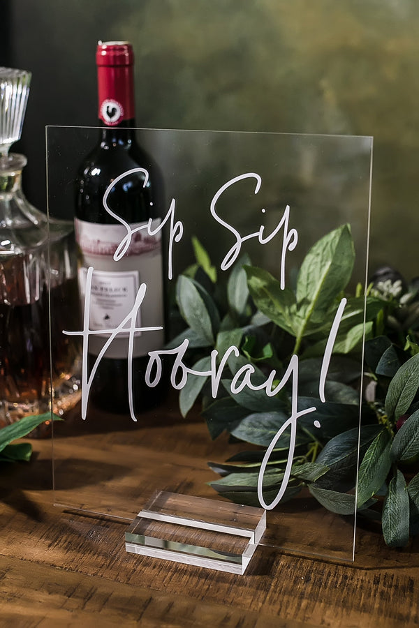 Acrylic Wedding Sign - Sip Sip Hooray Custom Event - Pink Posies and Pearls