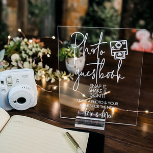 Photo Guestbook Snap It Stick It Sign It Clear Glass Look Acrylic Wedding Sign, Photo Booth Station Guest Book Lucite Table Sign SIG-PG1