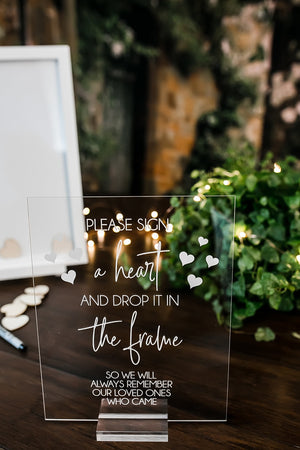 Please Sign A Heart And Drop It Into The Frame Clear Glass Look Acrylic Wedding Sign, Photo Booth Station Guest Book Lucite Table SIG-HF1