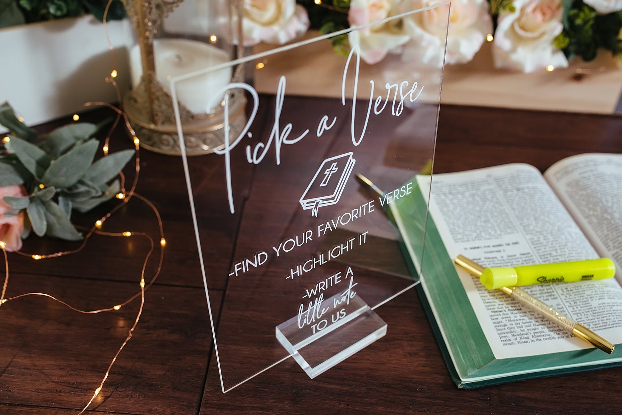 Pick Or Highlight Your Favorite Bible Verse Guestbook Clear Glass Look Acrylic Wedding Sign, Guest Book Plexiglass Perspex Lucite Table Sign