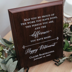 Happy Retirement Walnut Plaque Gift For Boss, Colleague, Coworker, Teacher, Friend, Truly Great Mentor, Retiring Present Idea And Stand