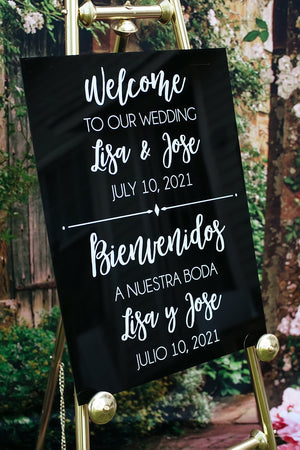 Bilingual Clear, White, Frosted or Black Glass Look Acrylic Funny Wedding Welcome Sign, Personalized Perspex Modern Sign With Names And Date