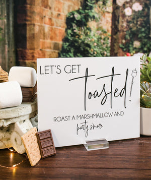 Let's Get Toasted Roast Marshmallow Party S'more Bar Station Acrylic Wedding Menu Sign, Lucite Perspex S'mores Table Clear Glass Look Sign